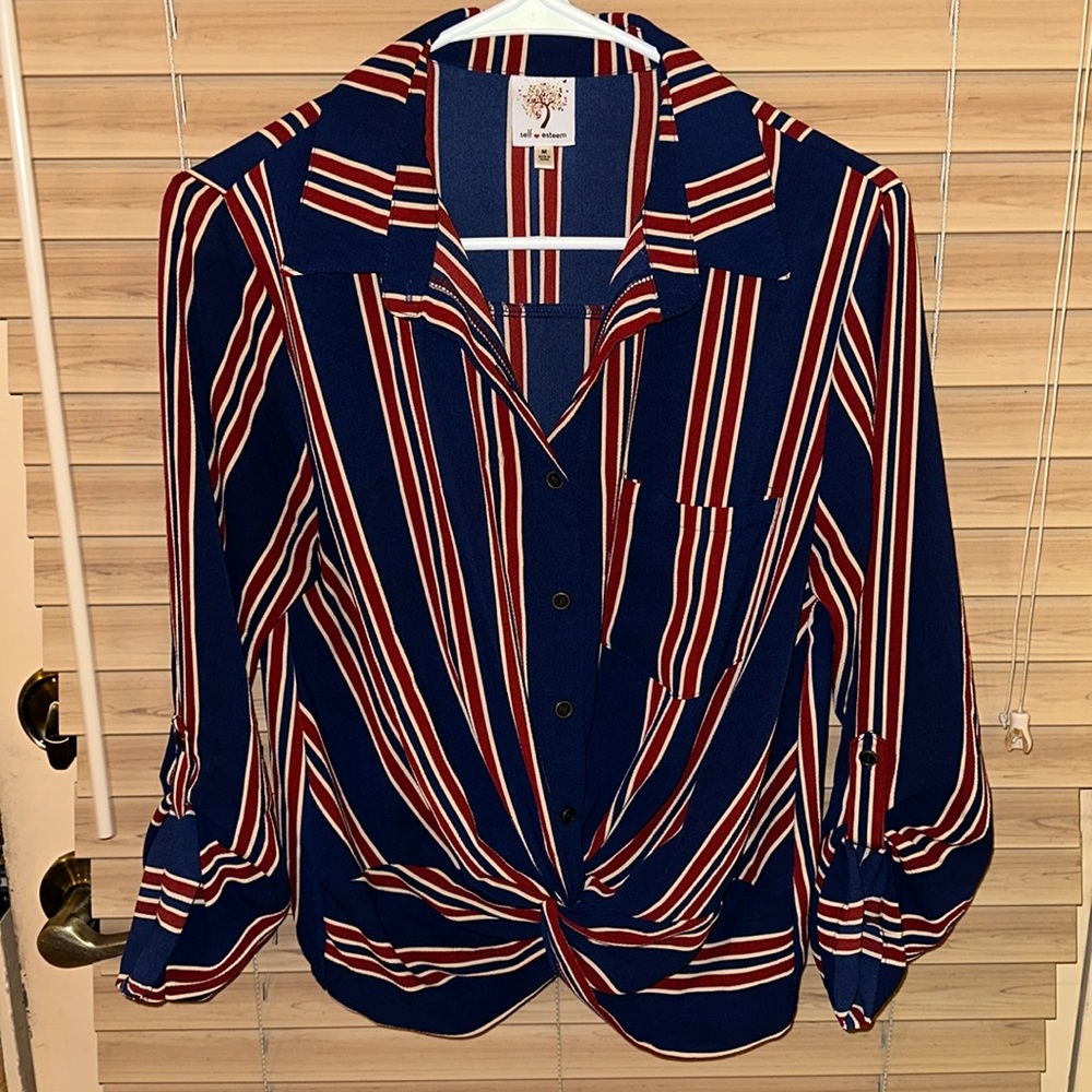 Blue, burgundy, beige Striped Blouse, size Medium